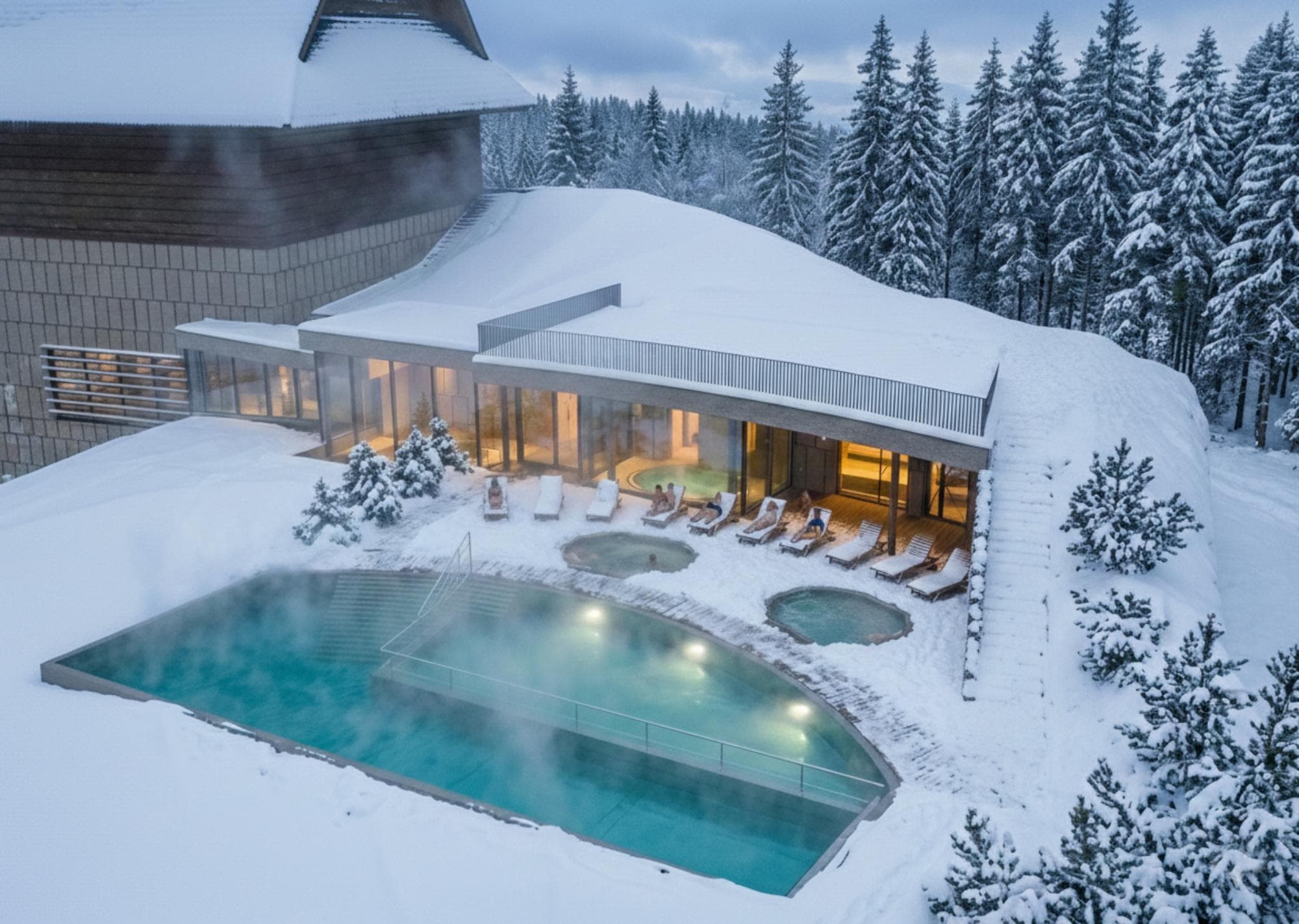 Radisson Blu Zakopane — widok na zewnętrzne baseny termalne w zimowej scenerii