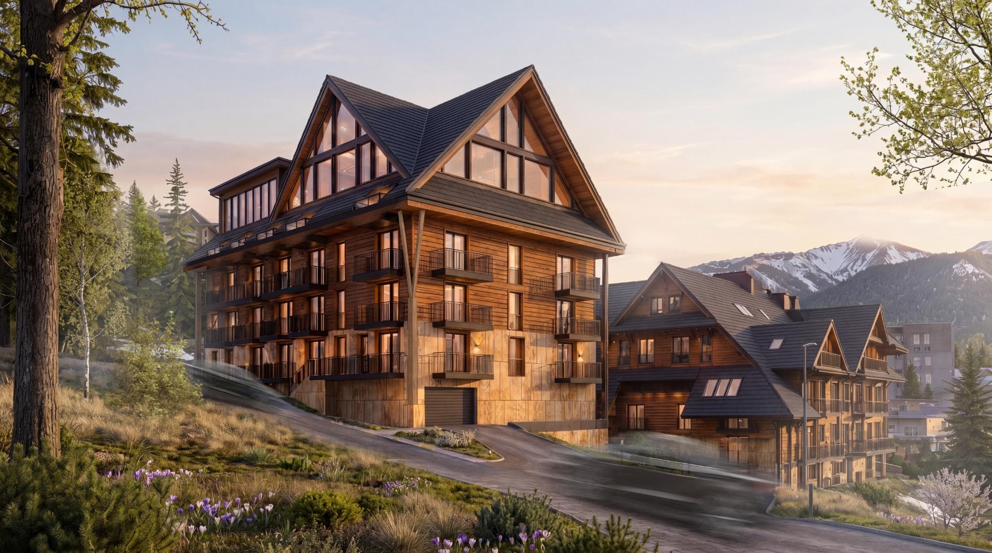 Radisson Blu Zakopane — wizualizacja budynków hotelowych na stoku z widokiem na góry o zachodzie słońca
