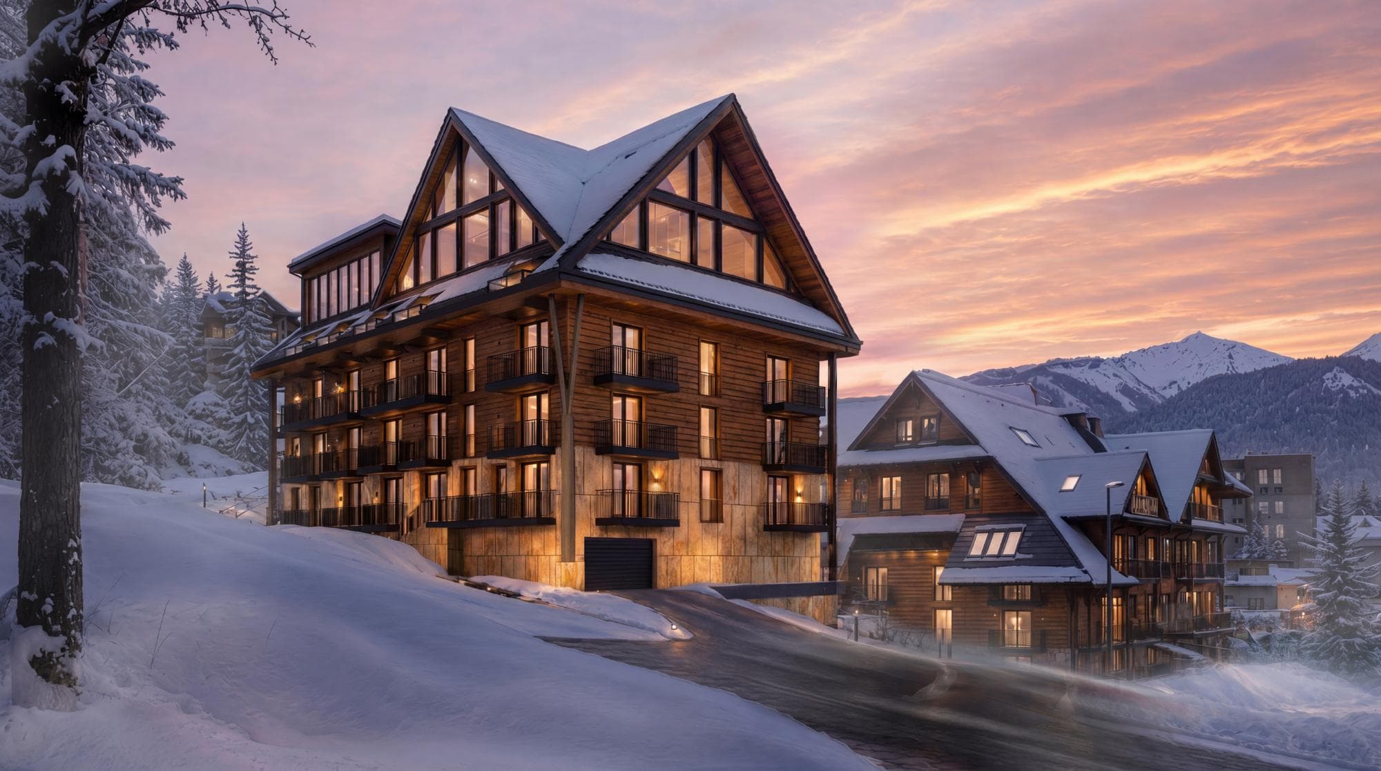Radisson Blu Zakopane — budynek hotelu w zimowej scenerii o zachodzie słońca