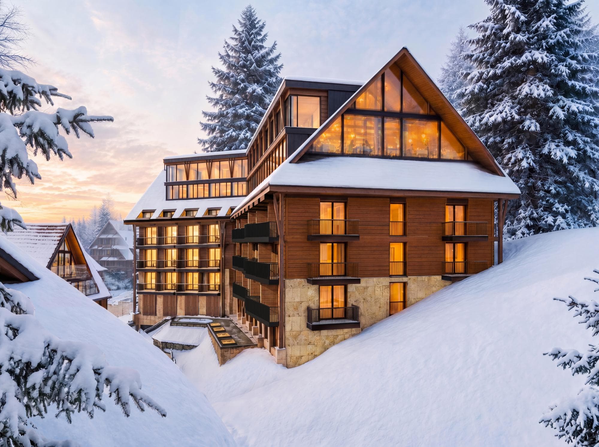 Radisson Blu Zakopane — budynek hotelu w zimie z oświetlonymi oknami o zmierzchu
