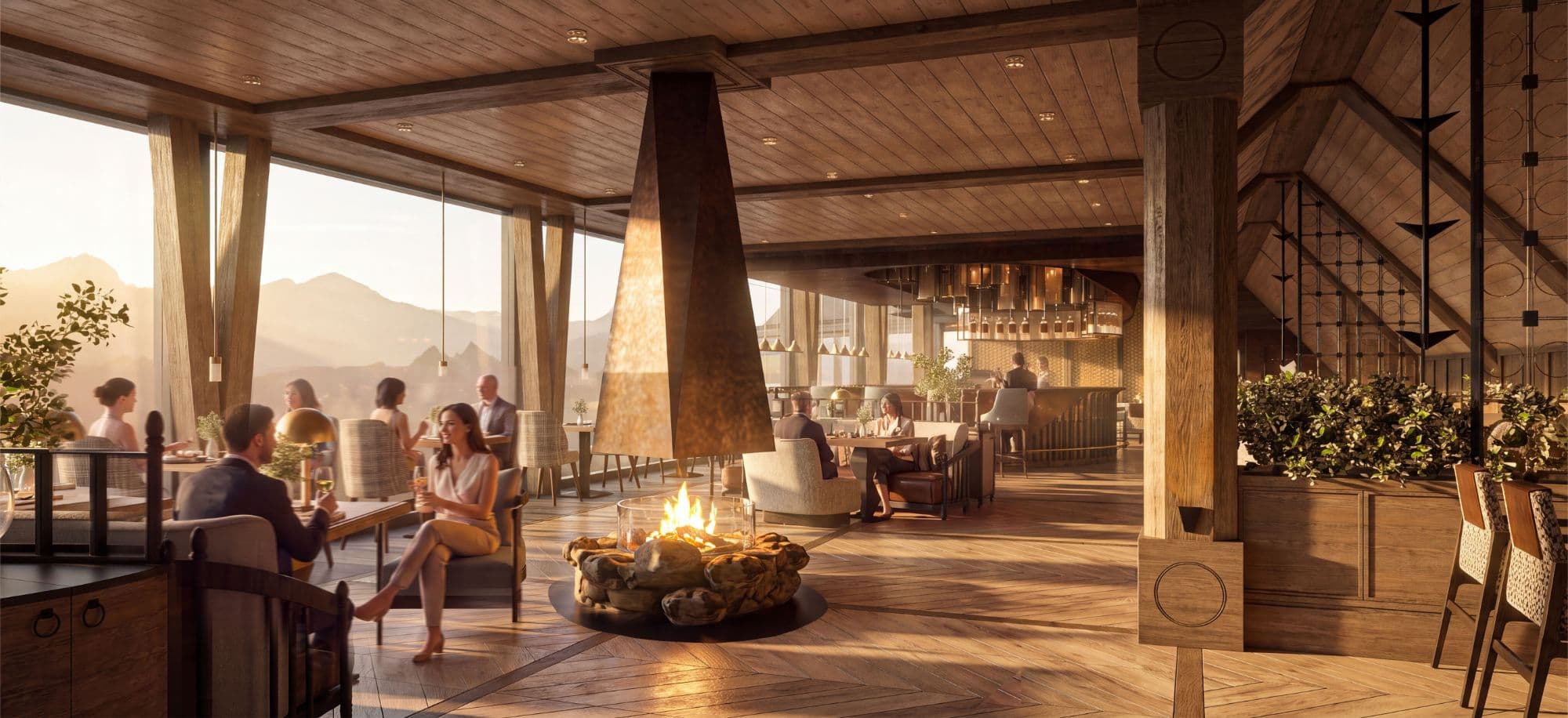 Radisson Blu Hotel & Residences Zakopane — lounge z kominkiem i widokiem na Tatry o zachodzie słońca